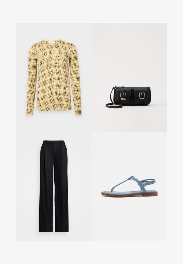 Rabanne Camisola de manga comprida - green/yellow/cream; Calças largas pretas com um acabamento suave, frente plana, passantes para cinto e fecho de botão único na cintura.; Sandália de dedo em couro azul com sola plana, apresentando um design de tiras finas e fecho com fivela no tornozelo para um ajuste seguro.; Bolsa de ombro em couro preto com dois bolsos frontais, fivelas douradas, fecho de zíper e uma alça fina. Superfície texturizada e forma retangular compacta.