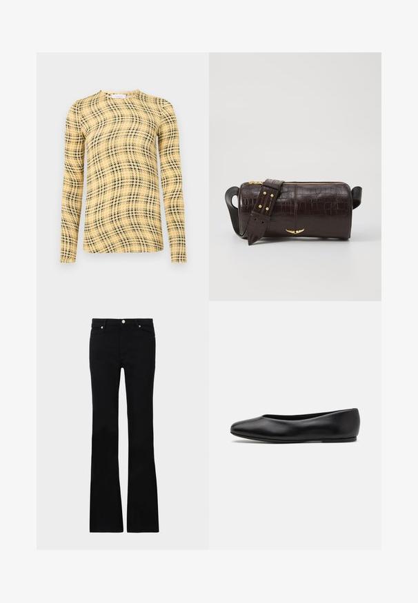 Rabanne - Bluzka z długim rękawem; Czarne dzwony z denimu, z dwoma przednimi kieszeniami, zapięciem na guzik i gładką fakturą. Widoczne charakterystyczne szycie na szwach.; Paul Smith TOPANGA czarny; Brązowa torba ze skóry z tłoczeniem krokodyla w kształcie cylindrycznym, z metalowymi elementami w kolorze złotym oraz odczepianym paskiem z ćwiekami.