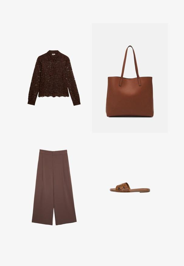 Brown lace blouse with long sleeves, floral pattern, button closure, and a collar. Sheer texture, cropped hemline, and detailed floral design.; Brown wide-leg trousers with a smooth texture, featuring a high waist and front pleats. The fabric is lightweight and flows loosely.; Brown leather slide sandal with crossed straps, flat sole, and a smooth texture. Simple design without embellishments or patterns.; Brown leather tote bag with a smooth texture, open top design, and two shoulder straps. Features minimal stitching and no visible hardware.