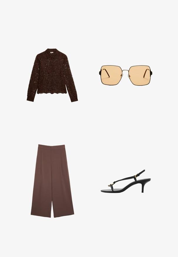 Brązowa koronkowa bluzka z długimi rękawami, kwiatowy wzór, zapięcie na guziki i kołnierz. Przezroczysta struktura, skrócony krój i szczegółowy wzór kwiatowy.; Brązowe spodnie o szerokich nogawkach z gładką fakturą, z wysokim stanem i plisami z przodu. Materiał jest lekki i luźno opada.; Czarne skórzane sandały na koturnie z cienkimi paskami, złotą klamrą i minimalistycznym pętelką na palce na białym tle.; Kwadratowe okulary przeciwsłoneczne z brązowymi soczewkami i cienką, czarną metalową oprawą. Posiadają skośne zauszniki i regulowane noski dla większego komfortu.; Jasnoszara skórzana torba o kształcie litery U z zakrzywionym metalowym uchwytem. Gładka tekstura z minimalnymi szwami i bez widocznych wzorów.