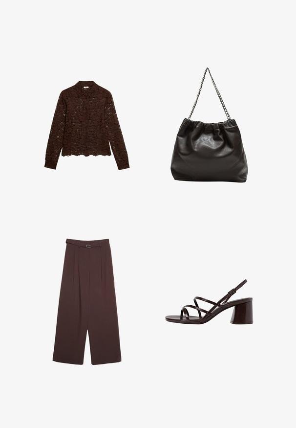 Braune Spitzenbluse mit langen Ärmeln, floralem Muster, Knopfverschluss und Kragen. Durchsichtiger Stoff, verkürzte Saumlinie und detailliertes Blumenmuster.; Stradivarius WIDE-LEG WITH BUCKLE DETAIL - Stoffhose - dark brown; Braune, geschnallte High-Heel-Sandalette mit einem dicken Absatz, die über eine glatte, glänzende Oberfläche und mehrere überkreuzte Riemen im Obermaterial verfügt.; Braune Lederhandtasche mit gerafftem Oberteil und Kettenriemen. Glatte Textur mit glänzendem Finish und subtilen Nahtdetails an den Seiten.