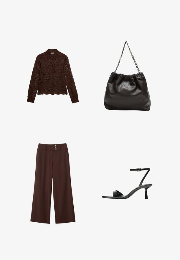 Brown lace blouse with long sleeves, floral pattern, button closure, and a collar. Sheer texture, cropped hemline, and detailed floral design.; Brown wide-leg trousers made of smooth fabric, featuring two side pockets and a waistband with three decorative buttons.; Bershka High heeled sandals - black; Brown leather bag with a gathered top and a chain strap. Smooth texture with a glossy finish and subtle seam detailing on the sides.