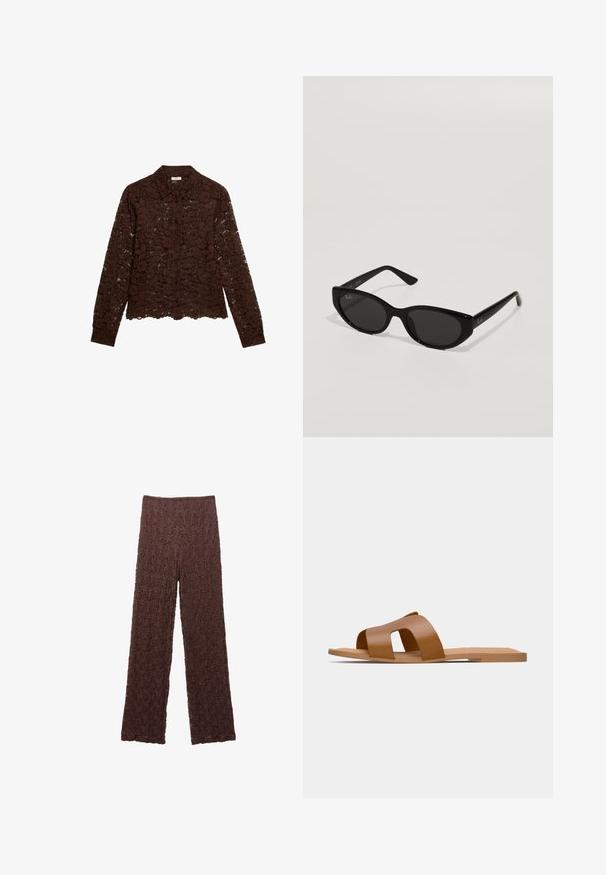 Bruine kant blouse met lange mouwen, bloemenpatroon, knoopsluiting en een kraag. Doorzichtig textuur, korte zoomlengte en gedetailleerd bloemenontwerp.; Bruine textuurbroek met een gekreukt oppervlak, wijde benen en een elastische tailleband. De stof lijkt zacht en licht rekbaar.; Brune platte sandalen met brede gekruiste banden van soepel synthetisch materiaal en een platte, minimalistische zool.; Zwarte zonnebril met een smal, kattenoogvorm. Gemaakt van glad plastic, met donkere glazen en subtiele logo-accenten op de veren.; Geweven stro-tas met gevlochten textuur, donkerbruine leren handvatten en basis, wijd cirkelvormig ontwerp en open bovenkant.; Witte haarspeld in de vorm van een bloem met een lichtgele gradient, voorzien van een veermechanisme en een gladde plastic textuur.