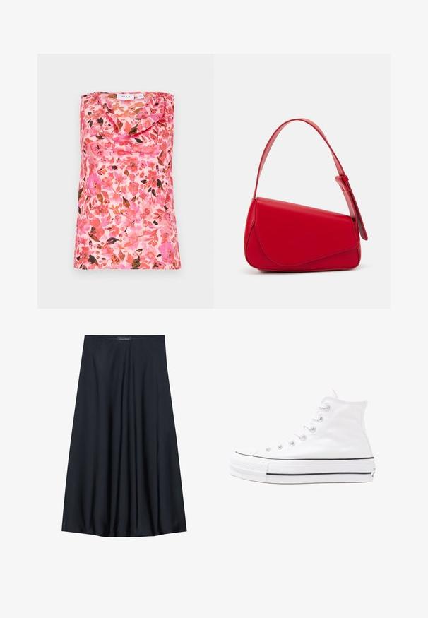 Ermeløs topp med cowl-hals, blomstermønster i rosa, oransje og brune nyanser, glatt tekstur, laget av lett stoff.; Sort, knelangs skjørt laget av lett stoff med en flytende design. Har en jevn tekstur og subtile folder for ekstra detalj.; Hvit høy-skinn kanvas sneakers med svart gummisåle, gummitåhette foran og seks hull for snorer, med et rent, minimalistisk design.; Rød lærveske med en vinklet, geometrisk design. Har en enkelt justerbar stropp og en klaffelukking med sydd detaljer.