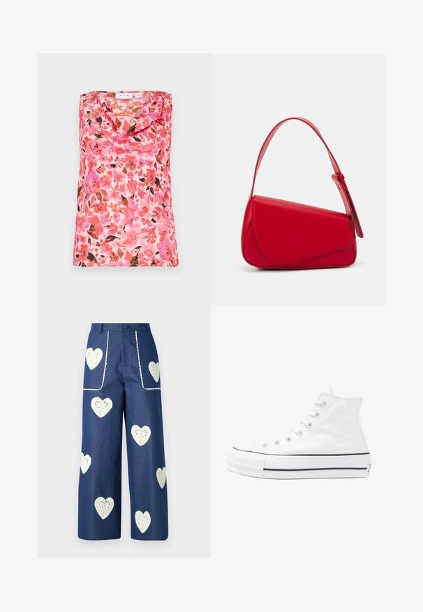 Majica brez rokavov s kapuco, cvetlični vzorec v roza, oranžni in rjavi barvi, gladka tekstura, izdelana iz lahke tkanine.; Sister Jane HEART TO HEART - Ravne kavbojke - blue denim; Beli visoki platneni športni čevelj z črnim gumijastim podplatom, sprednjim gumijastim zaščitnikom za prste in šestimi luknjicami za vezalke, ki se ponaša s preprostim, minimalističnim dizajnom.; Rdeča usnjena torba z angularnim, geometrijskim dizajnom. Ima en samostoječ nastavljiv ročaj in pokrov, zaprt z zapiranjem, ki je okrašen s šivi.