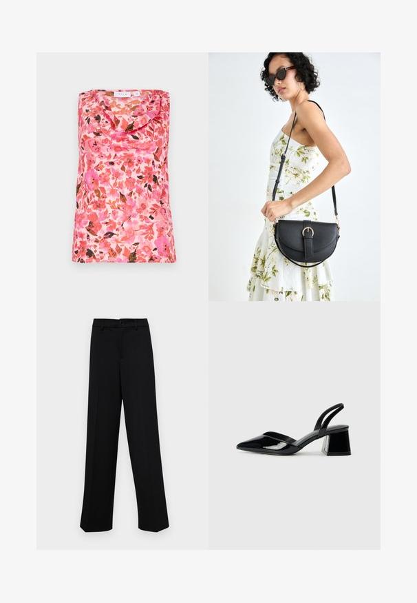 Sleeveless top with a cowl neck, floral pattern in pink, orange, and brown hues, smooth texture, made from lightweight fabric.; Black wide-leg trousers made of smooth fabric, featuring a classic waistband with a button closure and front pleats.; Black patent leather slingback heels with a pointed toe and a geometric block heel. Features a sleek, minimal design and smooth texture.; Black leather handbag with a curved shape, detachable strap, and gold hardware. The bag features a flap with a buckle detail.