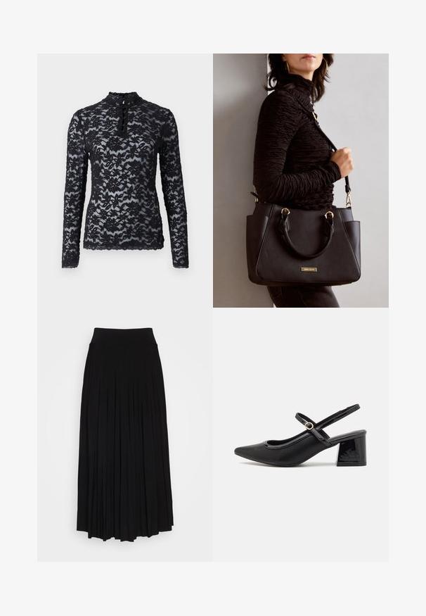 Rosemunde DELICIA - Camiseta de manga larga - black; Falda negra con plisados y una cinturilla alta y elástica. Fabricada en una tela suave, presenta plisados verticales que crean una silueta fluida.; Tacones slingback de charol negro con punta afilada, un diseño de corte redondeado y tacón bloque. Incluye un detalle de hebilla en tono dorado.; Bolso negro con superficie texturizada, doble asa superior y correa para hombro ajustable. Presenta herrajes en tono dorado y bolsillos laterales.
