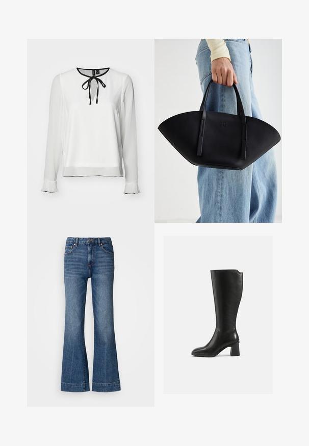 Weißes Langarmbluse mit rundem Halsausschnitt, schwarzem Bindeband und gerüschten Manschetten. Glatte Textur, betont durch kontrastierende schwarze Kanten.; Ausgestellte Jeans aus Denim in Dunkelblau. Mit fünf Taschen, Gürtelschlaufen und orangefarbenen Nähten. Glatte Textur mit klassischem Schnitt.; Schwarze Lederstiefel bis zum Knie mit quadratischem Blockabsatz. Glatte Textur, tailliertes Design, minimale Nähdetails und abgerundete Zehen.; Schwarze Lederhandtasche mit einzigartiger Fächerform, ausgestattet mit flachen Griffen. Die Oberfläche hat eine genoppte Textur und ein minimalistisches Design.
