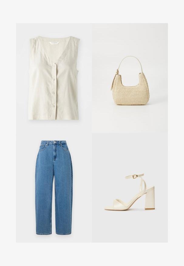 Lys beige lin uermes topp uten ermer med V-hals og fem knapplukking. Har en subtil tekstur og rett falm.; Lyseblå, høy midje, rette jeans med knapper og frontlommer, vist mot en hvit bakgrunn.; Kremfargede helte sandaler med åpen tå, tykk blokkheel, tynn ankelstropp og subtil glansfinish. Spenneakcent på stroppen.; Vevd stråveske i beige med buet form, kort håndtak og glidelås på siden. Har teksturert overflate og minimalistisk design.