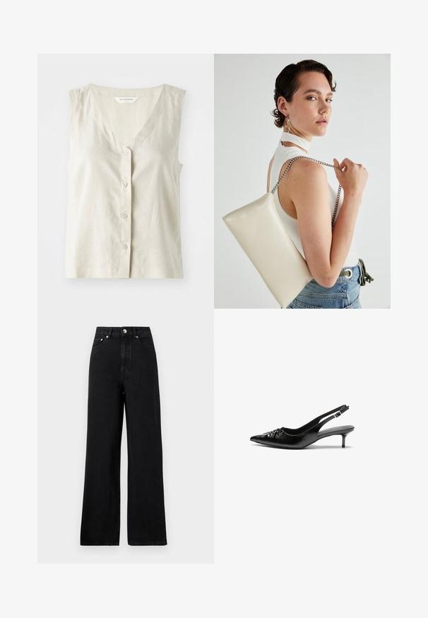 Svetlo béžový ľanový top bez rukávov s výstrihom do V a uzatváraním na päť gombíkov. Má jemnú textúru a rovný lem.; Vysoko páskové čierne džínsy s mäkkým strihom, obsahujúce päť vreciek a akcenty zo striebornej farby. Hladká textúra po celej ploche.; Čierne kožené slingback podpätky s ostrou špičkou, malým podpatkom a dekoratívnym uzlom vpredu. Hladký povrch po celom obvode.; Biely obdĺžnikový kabelka z lesklého materiálu s strieborným reťazovým popruhom. Model predvádza kabelku na jednotnom pozadí.