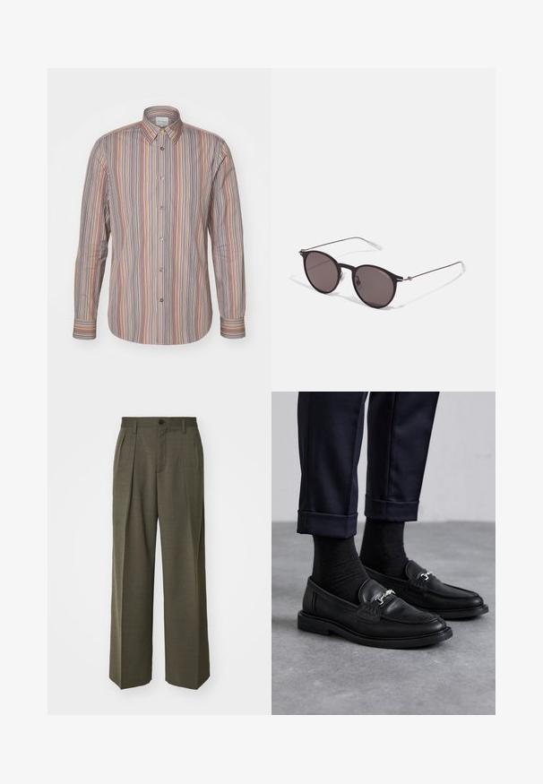 Csíkos ing, amelyen függőleges vonalak találhatók különböző színekben. Hosszú ujjú, klasszikus gallérral és sima szövet textúrával rendelkezik.; Filippa K WIDE TROUSERS - Nadrágok - driftwood; Fekete bőr loaferek, texturált felülettel, ezüst részletekkel, sötét zoknival és felhajtott kék nadrággal párosítva.; Fekete kerek napszemüveg sötét lencsékkel és karcsú fém szárakkal. Átlátszó szárvégeket és ezüst részleteket tartalmaz az ívnél. Minimalista dizájn.