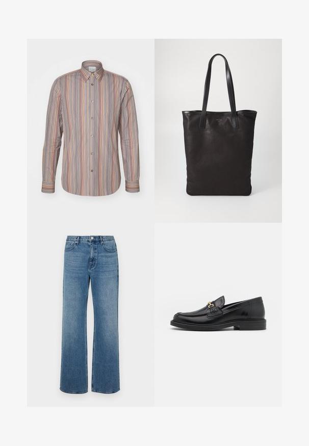 Svītrains pogu krekls ar vertikālām līnijām dažādās krāsās. Garas piedurknes, klasisks apkakle un gluda auduma tekstūra.; Platās kājas zilo džinsu bikses izgatavotas no zila auduma ar izbalējušu apdari. Tām ir piecas kabatas, priekšējais pogu aizdare un taisna piegriezuma forma.; Melnas ādas loafers ar noapaļotu degunu, ar zelta aparatūras akcentu un šuvju detaļām, uz zemas, teksturētas gumijas zoles.; Melnas auduma iepirkumu soma ar melnām ādas rokturiem. Vienkāršs dizains, plaša forma un gluda tekstūra. Nav redzamu logo vai rakstu.