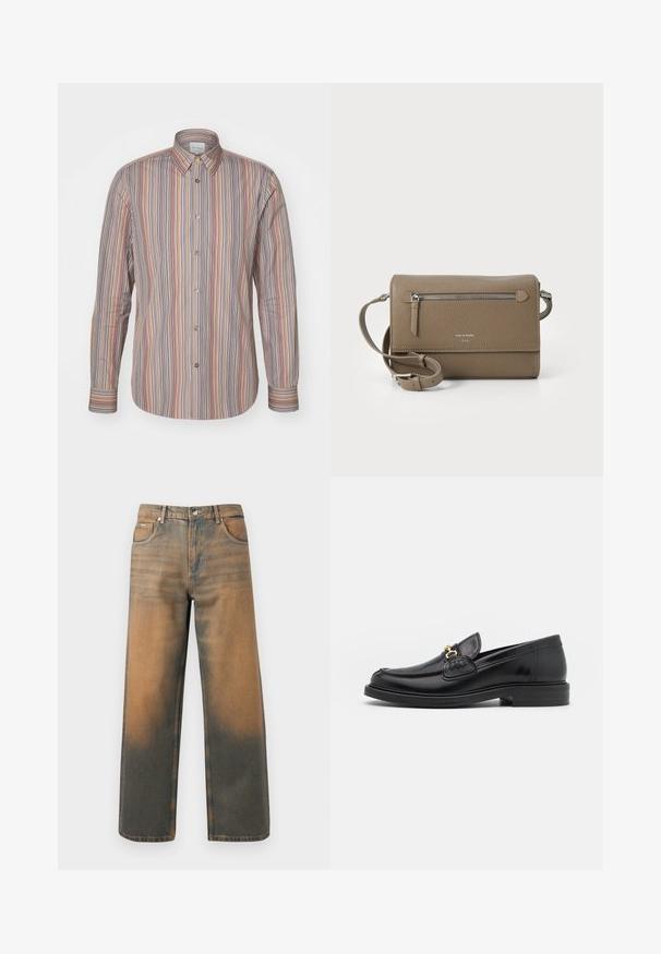 Ribatud nööbitava särk, millel on vertikaalsed jooned erinevates värvustes. Pikad varrukad, klassikaline krae ja sile kangas.; Laia teksad kulunud sinises ja pruunis denimis. Omavad kõrget vöökohta, eespooltaskuid ja klassikalist nupuga sulgemist metallist aktsentidega.; Mustad nahast loafers ümarate varvastega, millel on kuldne riistvaraline aksessuaar ja tikandite detail, paigutatud madalale, tekstureeritud kummist tallale.; Kohvase naha ületõmmatav kott, millel on lukuga esikott, reguleeritav rihm, kivitextuur ja esiküljel embosseeritud logo.