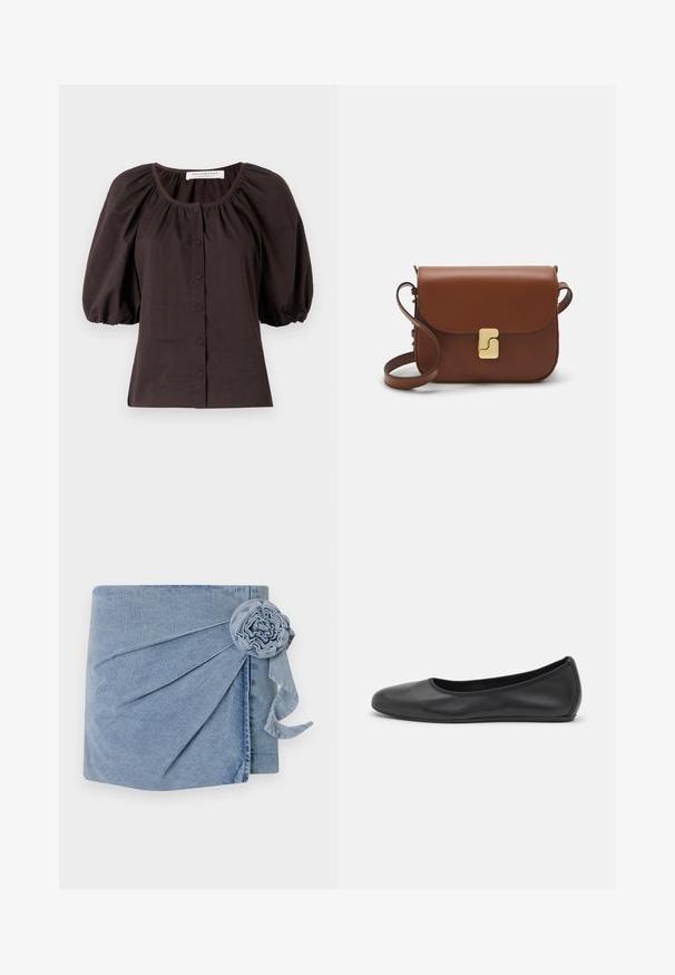 Dunkelbraune Bluse mit Puffärmeln und rundem Ausschnitt sowie sechs Knöpfen auf der Vorderseite. Hergestellt aus leichtem Stoff mit strukturierter Oberfläche.; Denim-Wickelkleid in einem hellblauen Farbton, mit aufwendigen Falten und einem dekorativen Blumenakzent, der mit einem schwebenden Band versehen ist. Weicher Stoff und lässiges Design.; Schwarze Leder-Ballettschuhe mit abgerundeter Spitze, glatter Textur, minimalen Nähdetails und einem flexiblen Sohlen-Design.; Braune Ledertasche mit Klappenverschluss, Beschlägen in Goldfarbe, einem Schultergurt und einer glatten Oberfläche. Kompakte rechteckige Form.