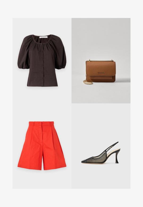 Dark brown puff-sleeve blouse with a round neckline and six buttons down the front. Made from lightweight fabric with a textured finish.; Red cotton shorts with a high waist, featuring pleats and a wide-cut silhouette. Smooth texture and clean lines. No pockets or embellishments.; Black slingback high-heeled shoe featuring a pointed toe, mesh detailing, and a smooth leather cap. Colors include black and beige accents.; Brown textured leather crossbody bag with gold chain strap and flap closure. Front features logo detail and a pocket under the flap.