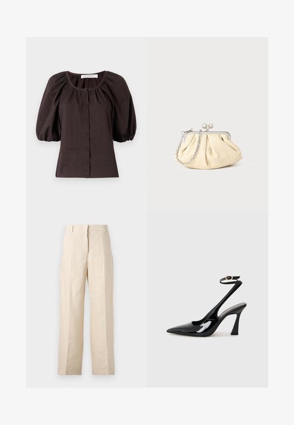 Blusa marrone scuro con maniche a sbuffo e scollatura rotonda, dotata di sei bottoni frontali. Realizzata in tessuto leggero con una finitura testurizzata.; Pantaloni di lino beige con una vestibilità ampia, fronte plissettato e gambe dritte. Presentano una vita con passanti per cintura e senza tasche visibili.; Slingback eleganti in pelle verniciata nera con punta appuntita, cinturino alla caviglia regolabile e tacco quadrato moderato. Texture liscia con finitura lucida.; Clutch in pelle beige plissettata con una struttura in metallo argento, dotata di due chiusure decorative rotonde e una tracolla in catena argentata.