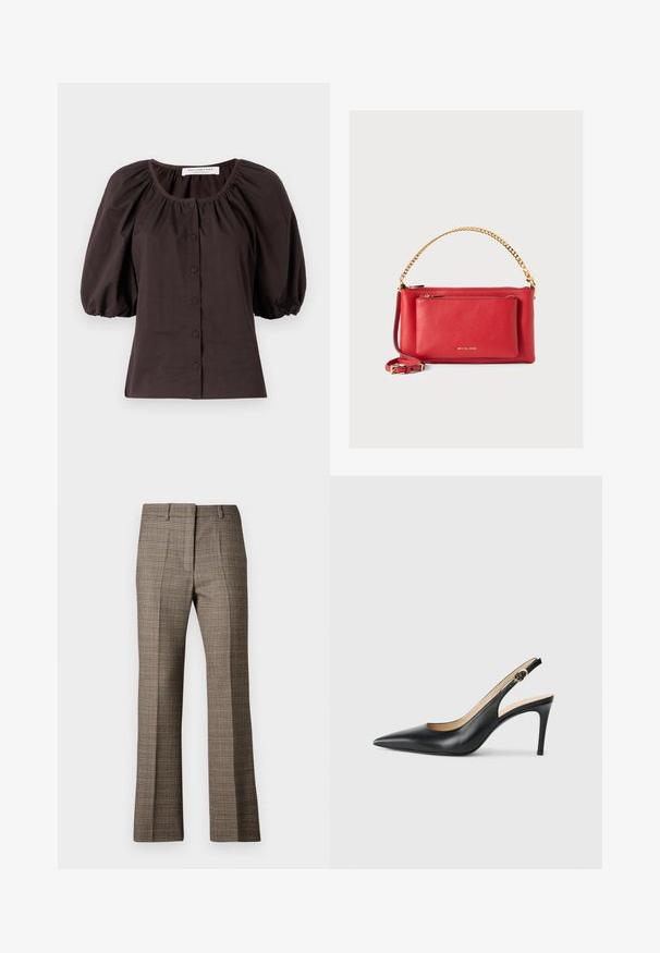 Blusa de manga abullonada en marrón oscuro con un escote redondo y seis botones en la parte delantera. Fabricada con un tejido ligero y acabado texturizado.; Pantalones a cuadros marrones con corte recto, que presentan una tela texturizada y colores sutiles de beige y marrones oscuros a lo largo del patrón.; Tacones altos negros de cuero con tirantes, punta afilada, correa ajustable y un elegante tacón de aguja, con un acabado suave.; Bolso de mano de cuero rojo con un acabado texturizado, cadena y correa doradas, bolsillo con cremallera en la parte frontal y logotipo en relieve. Diseño compacto y estructurado.