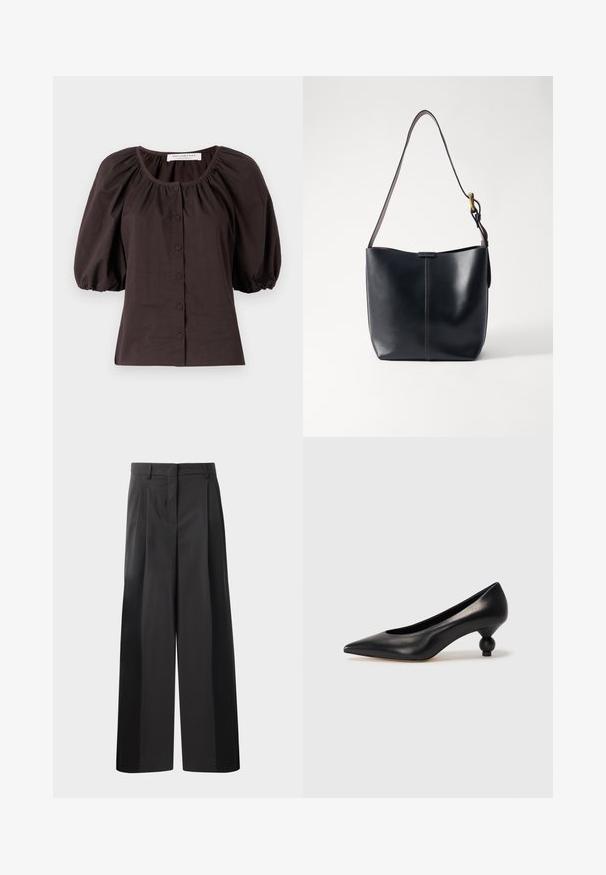Tummanruskea puffihihainen pusero, jossa on pyöreä pääntie ja kuusi nappia edessä. Valmistettu kevyestä kankaasta, jossa on teksturoitu pinta.; Mustat, leveälahkeiset housut korkealla vyötäröllä, etupleiteillä, sileällä pinnalla ja huolitellulla viimeistelyllä. Suunniteltu rentoon istuvuuteen.; Musta nahkakengät korkealla korolla, joissa on terävä kärki ja pyöreä, pallomainen korko. Sileä pinta ja tyylikäs, minimalistinen muotoilu.; Musta nahkainen olkalaukku, jossa on sileä pinta, ohut ja pitkä hihna sekä hienovarainen ommeltu yksityiskohta keskellä.