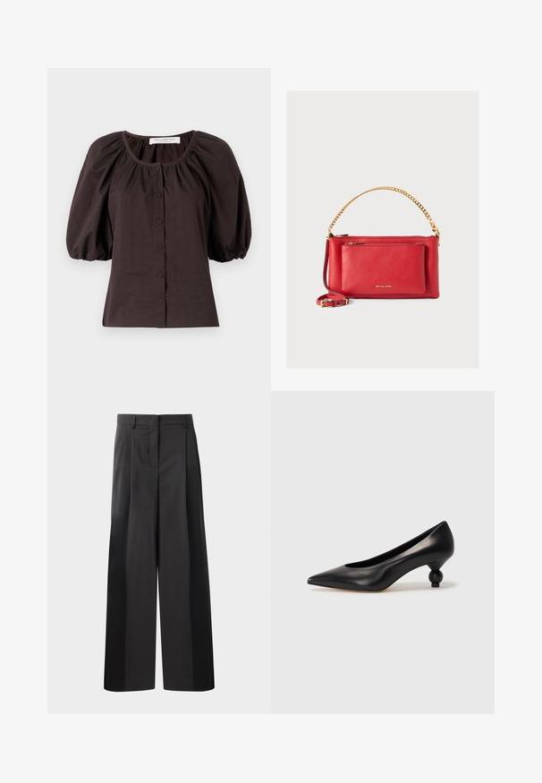 Blouse à manches bouffantes marron foncé avec un col rond et six boutons sur le devant. Fabriquée en tissu léger avec une finition texturée.; Pantalon large noir avec une taille haute, doté de plis avant, d'une texture lisse et d'une finition ajustée. Conçu pour un ajustement décontracté.; Chaussure à talon haut en cuir noir avec un bout pointu et un talon arrondi. Texture lisse avec un design épuré et minimal.; Sac à main en cuir rouge avec une finition texturée, chaîne et sangle dorées, poche zippée avant et logo en relief. Design compact et structuré.