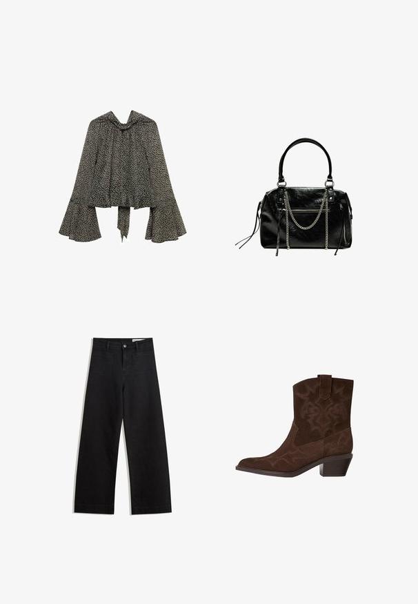 Schwarze und weiße Bluse mit floralem Muster, hohem Kragen, ausgestellten Ärmeln und einer Schleife in der Taille, aus leichtem Stoff gefertigt.; Schwarze weit geschnittene Jeans mit hoher Taille, ausgestattet mit Vorder- und Hintertaschen, gesteppten Nähten und einem Knopfverschluss. Glatte Textur.; Braune Wildleder-Cowboy-Stiefel mit spitzem Zeh, dekorativen Stickmustern, Knöchelhöhe und gestapeltem Absatz. Mit einer Zuglasche für einfaches An- und Ausziehen.; Bershka WITH CHAIN - Handtasche - black