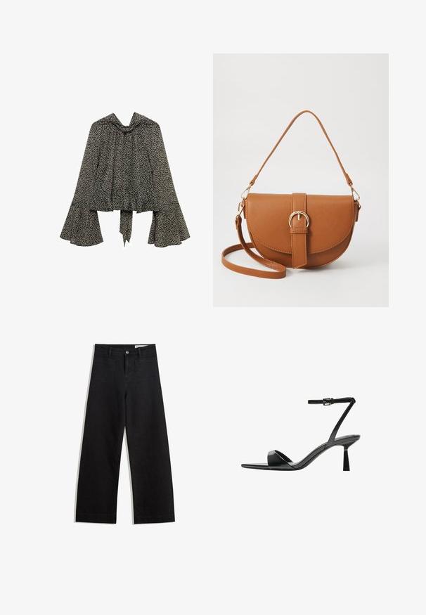 Black and white floral blouse with a high neck, flared sleeves, and a tie at the waist, made from lightweight fabric.; Black wide-leg denim pants with a high waist, featuring front and back pockets, stitched seams, and a button closure. Smooth texture.; Bershka High heeled sandals - black; Brown leather crossbody bag with a curved shape, gold hardware, and a buckle accent. Features a detachable shoulder strap.