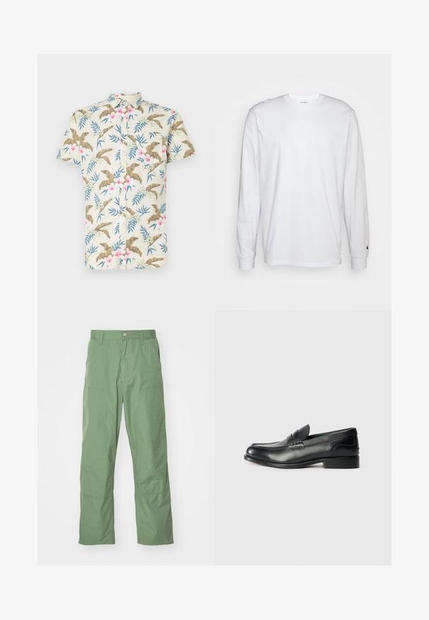 Rövid ujjú ing világos bézs pamutból, trópusi virágmintával, rózsaszín és kék részletekkel, gombos elülső résszel.; Fehér, hosszú ujjú, pamut póló. Kerek nyakú kialakítás, bordázott mandzsetták és egy kis logó a bal ujján. Simaság jellemzi.; Világos zöld, laza szabású nadrág sima textúrával, oldal zsebekkel és látható varrási részletekkel. Teljes hosszúságú, egyenes lábbal.; Fekete bőr mokaszinok sima felülettel, varrott részletekkel a lábfej részen és kissé megemelt sarokkal.