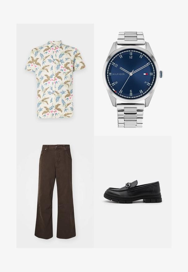 Koszula z krótkim rękawem w jasnym beżowym kolorze z bawełny, z tropikalnym wzorem kwiatowym w różowych i niebieskich akcentach oraz zapięciem na guziki.; Brązowe szerokie spodnie wykonane z bawełny, z wysokim stanem, przednimi kieszeniami i gładką teksturą. Wykończenie obejmuje subtelne detale szwów.; Czarne skórzane półbuty z okrągłym noskiem, dekoracyjnym paskiem i elementami metalowymi oraz grubą, fakturowaną podeszwą. Gładkie wykończenie z subtelnymi detalami.; Srebrny zegarek metalowy z satynową niebieską tarczą, białymi znacznikami godzin oraz wyświetlaczem daty. Posiada ogniwowy metalowy pasek i logo marki.
