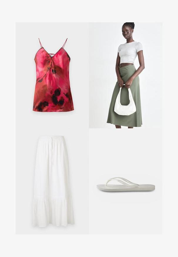 Satin cami top featuring a deep V-neck, thin adjustable straps, and a pink and brown watercolor pattern with black accents along the neckline.; White, knee-length skirt made of lightweight fabric with an elastic waist and drawstring. Features a ruffled hem and subtle texture.; White flip-flop with a textured sole, featuring thin straps and a flat design. Made of rubber with a subtle logo on the footbed.; Gray ribbed crop top and olive green high-waisted skirt. Model holds a white shoulder bag with cut-out detailing. Simple design, fitted silhouette.