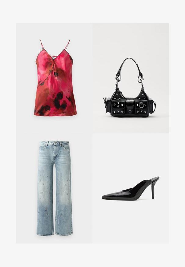 Top din satin cu decolteu adânc în V, bretele subțiri ajustabile și un model de acuarelă în nuanțe de roz și maro, cu accente negre de-a lungul gâtului.; Jeans largi de culoare albastru deschis, confecționați din denim, având un efect de culori în degrade și broderii din cristale strălucitoare argintii dispuse pe verticală.; Mule-uri cu toc înalt din piele lacuită neagră, cu vârful ascuțit și o siluetă elegantă, având un spate deschis și un toc subțire stilletto.; Geantă de piele neagră cu un design curbat, dotată cu studuri argintii, o cataramă și două buzunare laterale. Curea ajustabilă pentru opțiuni de transport.