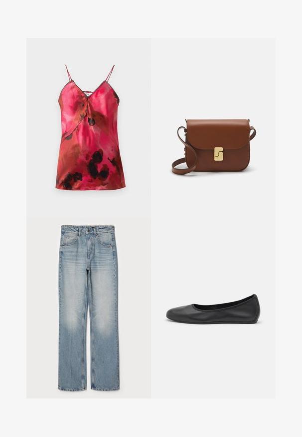 Satiintop, millel on sügav V-kaelus, õhukesed reguleeritavad rihmad ning roosa ja pruuni akvarellmustriga mustad detailid kaeluse ääres.; Heledad sinine denimitõus, sirge lõikega, millel on kõrge talje, viie tasku disain ja õrn fades reitel ja põlvedel.; Musthave mustika tantsutossud mustast nahast, ümmarguse varbaga, siledast tekstuurist, minimaalse õmblusdetailiga ja paindliku tallakujundusega.; Pruunist nahast käekott, millel on klapiga sulgur, kuldne riistvara, õlarihm ja sile tekstuur. Kompaktne ristkülikukujuline vorm.