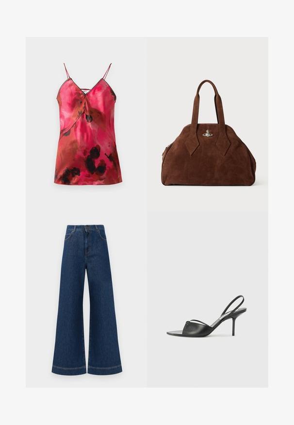 Sukienka na ramiączkach z satyny z głębokim dekoltem w kształcie litery V, cienkimi regulowanymi ramiączkami oraz różowo-brązowym wzorem akwarelowym z czarnymi akcentami wzdłuż dekoltu.; Szerokie dżinsy w kolorze niebieskim z wysokim stanem, z zapięciem na guzik, szlufkami na pasek oraz subtelnymi detalami stębnowania wzdłuż kieszeni i brzegów.; Czarne skórzane sandały na wysokim obcasie z ostro zakończonym noskiem, cienkim paskiem wokół kostki i obcasem typu stiletto. Posiadają węzeł na przodzie.; Brązowa torebka z zamszu o usztywnionym kształcie, zaokrąglonym korpusie i wydłużonych uchwytach w kształcie diamentu. Charakteryzuje się srebrnym zamknięciem.