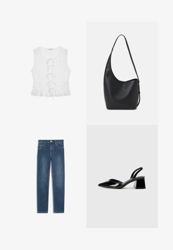 Top senza maniche di colore bianco realizzato in tessuto testurizzato. Presenta un collo a barchetta e un dettaglio di laccatura frontale con lacci morbidi. Orlo arricciato.; Jeans in denim blu scuro con vestibilità dritta, cinque tasche, dettagli di cucitura sottili e un bottone metallico in vita.; Décolleté in vernice nera con punta affusolata e tacco in geometria cubica. Presentano un design elegante e minimalista, con una texture liscia.; Borsa hobo nera in pelle con una superficie liscia, forma curvata e una singola tracolla regolabile; presenta un'ampia apertura nella parte superiore.
