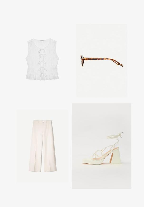 Bijela majica bez rukava od teksturirane tkanine. Ima izrezan dekolte i prednji detalj s vezicom s labavim vezanjima. Volanasti rub.; Kreme hlače širokih nogavica s krojem koji je prilagođen, s dva prednja džepa i jednim prednjim zatvaranjem na gumb, izrađene od glatkog materijala.; Bijela sandala na visokoj potpetici s debelim petom, s remenom i vezanjem oko gležnja. Glatka tekstura s platformom sprijeda za dodatnu visinu.; Naočale od kornjačevine s debljim okvirom, blago zakrivljenim tempama i glatkom teksturom. Imaju klasičan dizajn s sjajnim završetkom.