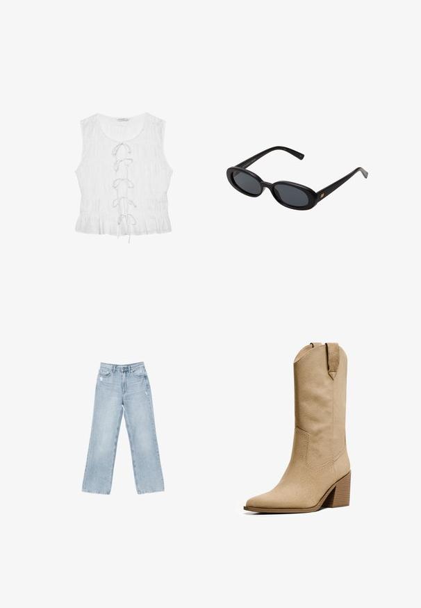 Weiße ärmellose Bluse aus strukturiertem Stoff. Verfügt über einen runden Ausschnitt und ein vornes Schnürdetail mit lockeren Bändern. Rüschensaum.; Hellblaue Jeans aus Denim mit weiter Beinform, mit Used-Details, fünf Taschen und einem Reißverschluss.; Bershka HIGH-HEEL - Cowboy-/Bikerboot - beige; Schwarze, oversized Sonnenbrillen mit ovalen Gläsern, glattem Kunststoffrahmen und goldenen Akzenten an den Bügeln. Die dunklen Gläser bieten Sonnenschutz.; Schwarze Lederhandtasche mit geschwungenem Design, flachem Körper und langem Griff. Verfügt über einen silbernen Buchstaben "P" Anhänger und ein metallisches Logo.