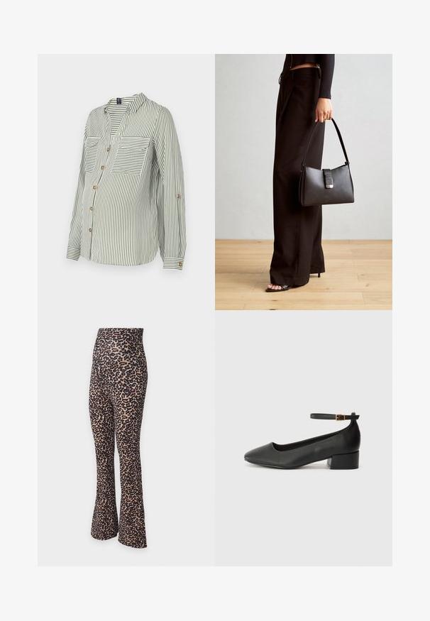 Cămașă cu dungi verzi și albe, cu guler în V, două buzunare pe piept și mâneci răsfrânte, prezentând butoane aurii. Material ușor.; Colanți evazați cu imprimeu de leopard, având talie înaltă. Construiți dintr-un material elastic, cu o bază bej și modele cu pete negre.; Pantof cu toc negru din piele, cu vârf ascuțit și toc mic pătrat. Dispune de o curea la gleznă cu o cataramă în tonuri de aur. Textură netedă.; Genți negre cu o formă structurată, textură netedă și un închizător metalic. Asortată cu pantaloni negri largi și sandale cu vârf deschis pe un podea din lemn.
