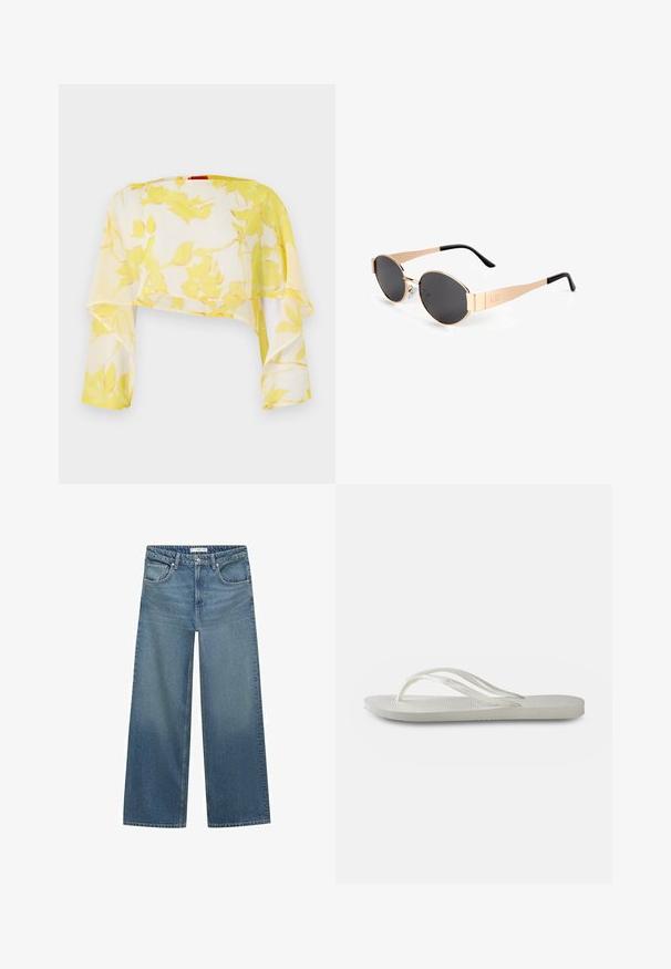 Transparante cropped top in gele bloemenprint. Lichtgewicht, vloeiende stof met lange mouwen. Zachte textuur en ontspannen val.; Lichtblauwe wijde jeans van denim, met een middelhoge taille, twee voorkruiszakken en klassieke stikdetails.; Witte flip-flops met een gestructureerde zool, featuring dunne bandjes en een vlak ontwerp. Gemaakt van rubber met een subtiel logo op de voetbed.; Gouden ovale zonnebril met donkere lenzen, met een slank ontwerp, dunne armen en een zwarte accent bij de slaap. Modelnummer L37.; Witte handtas met getextureerde, geschubde schelpachtige versieringen. Beschikt over een geweven handvat en een zilveren kettingriem voor veelzijdigheid.