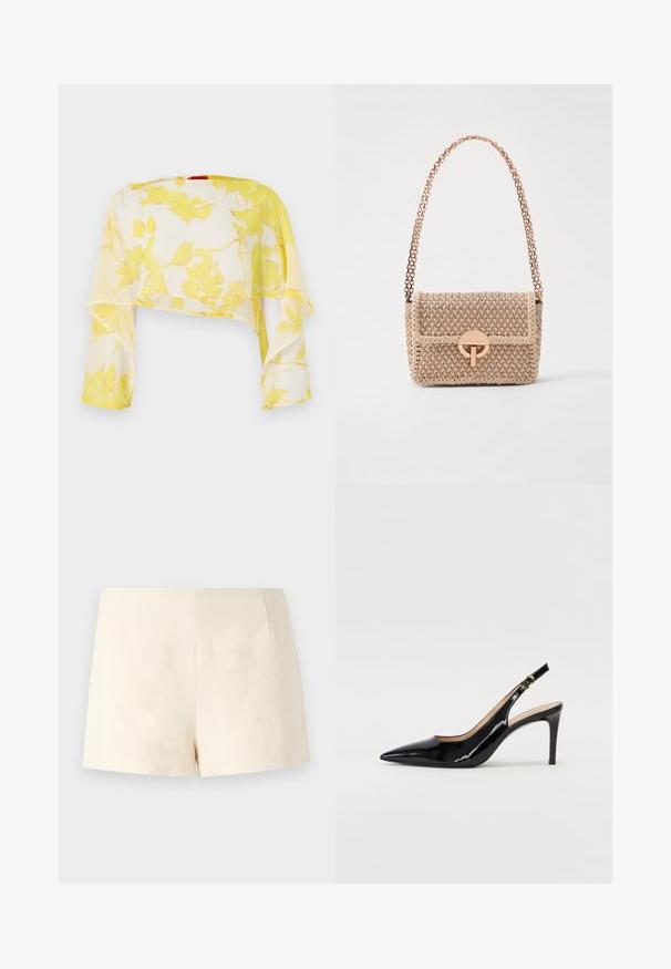 Transparenter, kürzerer Oberteil mit gelbem Blumenmuster. Leichtes, fließendes Material mit langen Ärmeln. Weiche Textur und lockere Drapierung.; Beige maßgeschneiderte Shorts aus leichtem Stoff, mit glatter Textur, klaren Linien und ohne sichtbare Verschlüsse oder Taschen.; Schwarz lackierte Slingback-Pumps mit spitzem Zehenbereich, schlankem Absatz und einem subtilen Ausschnittdesign. Verfügt über eine goldene Schnalle am Riemen.; Vanessa Bruno MOON - Umhängetasche - beige/ivoire