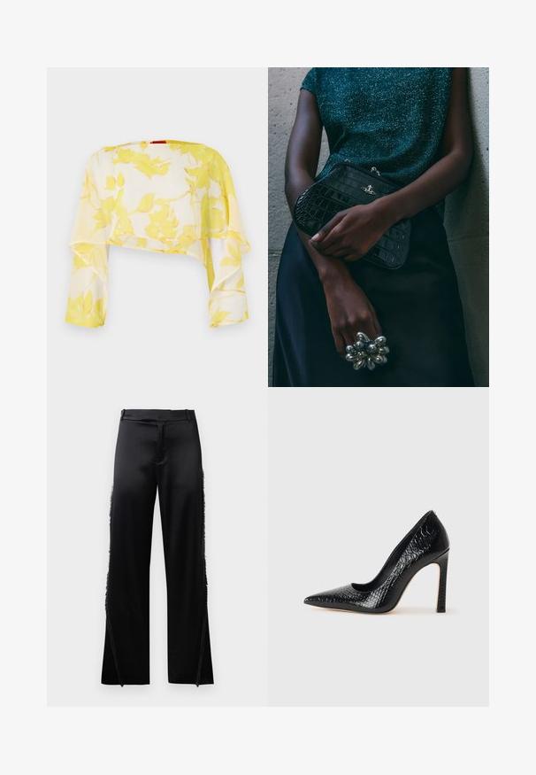 Sheer cropped top in yellow floral print. Lightweight, flowing material with long sleeves. Soft texture and relaxed drape.; Black satin pants with wide legs, featuring fringe details along the side seams and a flat front waistband. Plain back without pockets.; Black pointed-toe high heel shoe with a crocodile-skin texture, featuring a sleek design, high stiletto heel, and smooth black interior.; Black crocodile-patterned clutch bag with silver hardware, held against a textured gray background. Features a shiny surface.