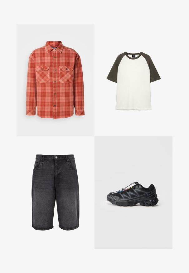 Rot- und rosa karierte Flanellhemd mit langen Ärmeln, geknöpftem Kragen, zwei Brusttaschen und kontrastierenden Knopfdetails.; T-Shirt mit kurzen Ärmeln aus Baumwolle, in Weiß mit dunkelgrünen Raglanärmeln und Rundhalsausschnitt.; Schwarze Jeansshorts mit lockerer Passform, fünf Taschen Design und Knopfverschluss. Der Stoff hat eine glatte Textur mit dezentem Verblassen.; Schwarzer Sportschuh mit einem strukturierten Mesh-Obermaterial, verstärkter Zehenkappe und einem Schnellverschluss-System. Verfügt über eine robuste Laufsohle und einen leichten Absatz.