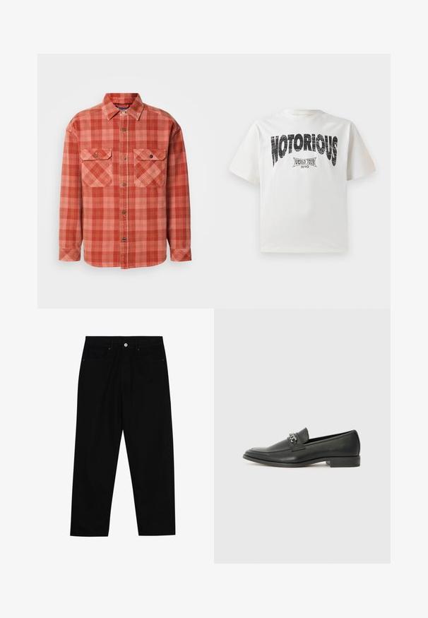 Chemise en flanelle à carreaux rouges et roses avec des manches longues, un col boutonné, deux poches poitrine et des détails de boutons contrastés.; T-shirt en coton blanc à manches courtes, avec un texte graphique audacieux en noir "NOTORIOUS" et un design "WORLD TOUR 1990" en dessous dans une impression vieillie.; Pantalons en denim noir avec une coupe droite, un design à cinq poches et une fermeture à bouton à l'avant. Texture lisse avec des détails de couture minimaux.; Mocassin en cuir noir avec une finition lisse, présentant un design cousu et une accent décoratif en chaîne métallique sur le rand. Talon plat.