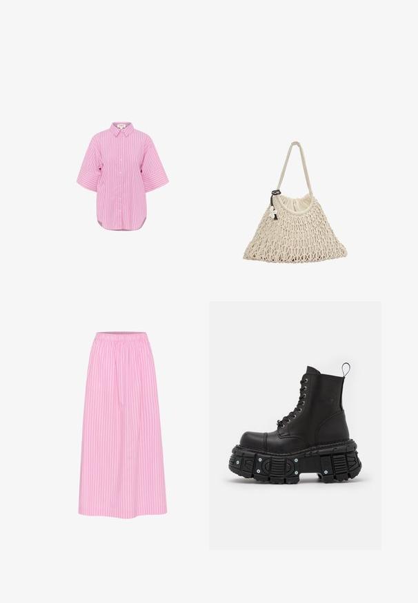 Roze overhemd met witte verticale strepen, korte brede mouwen en een afgeronde onderkant. Katoenen stof, klassieke kraag en relaxte pasvorm.; Roze gestreepte rok met een elastische tailleband, midi-lengte, en een lichtgewicht stof. Heeft verticale witte strepen voor een klassieke uitstraling.; Zwarte leren gevechtslaarzen met een hoge schacht, vetersluiting, dikke rubberen zool en metalen accenten op de basis van de zool.; Netten handtas in crèmekleur, met een zachte stoffen voering en één handvat, versierd met een bloemenaccent en een trekkoordsluiting.