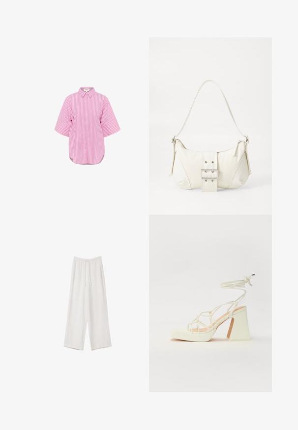 Różowa koszula z guzikami, w białe pionowe paski, z krótkimi szerokimi rękawami i zaokrąglonym dołem. Bawełnowy materiał, klasyczny kołnierzyk i luźny krój.; Białe spodnie o szerokich nogawkach wykonane z lekkiego materiału. Posiadają elastyczny pas z sznurkiem i boczne kieszenie. Gładka tekstura.; Biała sandał na wysokim obcasie z masywnym słupkiem, z paskowym wzorem i wiązaniem przy kostce. Gładka faktura z platformą z przodu dla dodatkowej wysokości.; Biała torebka na ramię o fakturowanym wykończeniu, z centralnym akcentem w postaci klamry i zaokrąglonym kształcie. Zapięcia na zamek błyskawiczny po obu stronach.
