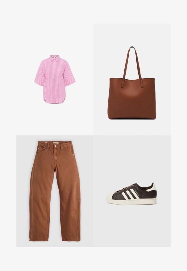 Ružová košeľa na gombíky s bielymi vertikálnymi pruhmi, krátke široké rukávy a zakrivený spodný lem. Bavlnená tkanina, klasický golier a voľný strih.; Hnedohnedé rovné džínsy so prednými a zadnými vreckami, kovovými nýtmi, zapínaním na gombík a pútkami na opasok, položené na bielom pozadí.; Nízke tenisky Adidas Superstar z tmavohnedej kože s béžovou špičkou, bielymi pruhmi a nápisom „Superstar“ na boku.; Hnedá kožená taška na rameno s hladkou textúrou, otvoreným vrchom a dvoma ramenými popruhmi. Má minimálne šitia a žiadne viditeľné kovania.