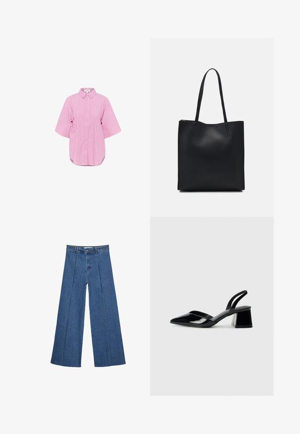 Rosa Hemd mit weißen vertikalen Streifen, kurzen weiten Ärmeln und einem abgerundeten Saum. Aus Baumwolle, mit klassischem Kragen und lockerer Passform.; Weite Jeans aus Denim in Mittelblau, mit hoher Taille, Knopfverschluss und kontrastierenden vertikalen Nahtdetails an der Vorderseite.; Schwarze Lackleder-Slingback-High Heels mit spitzem Schuh und einem geometrischen Blockabsatz. Verfügt über ein schlankes, minimalistisches Design und eine glatte Textur.; Schwarze Laptoptasche aus Leder mit glatter Textur, rechteckiger Form und zwei langen Griffen. Keine sichtbaren Beschläge oder Verzierungen.