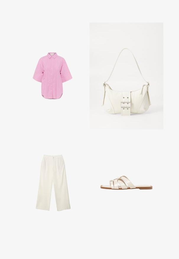Růžová košile na knoflíky s bílými vertikálními pruhy, krátkými širokými rukávy a zakřiveným lemem. Bavlněný materiál, klasický límec a uvolněný střih.; Široké kalhoty z krémové látky s hladkým povrchem, s jediným předním knoflíkem, jemnými skladbami a vysokým pasem.; Ploché sandály s hnědou gumovou podrážkou, navržené se třemi překrývajícími se bílými koženými řemínky a malým mašlí uprostřed.; Bílá kabelka na rameno s texturovaným povrchem, centrálním akcentem v podobě spony a zakřiveným tvarem. Zipové uzávěry na obou stranách.