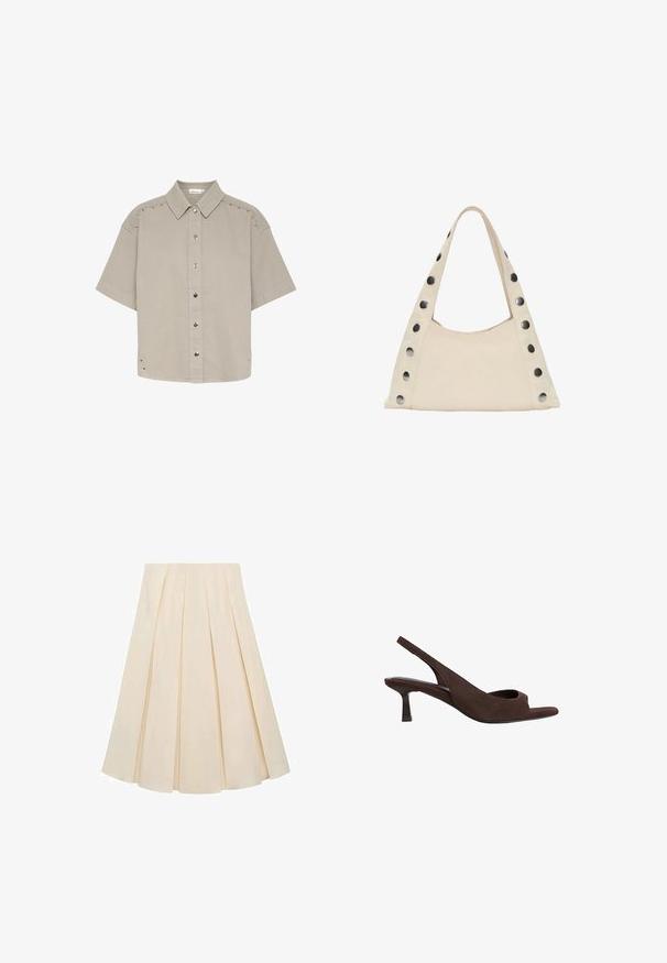 Kortærmet, lysegrå skjorte med knapper i struktureret stof, der har trykknapper og nitter langs skuldrene og siderne.; Plisseret nederdel i cremefarvet stof; har en blød tekstur, mellemlang design og symmetriske plisseringer, der strækker sig fra taljen til kanten.; Brune ruskind slingback hæle med åben tå-design, der har en lav buet hæl og en blød tekstur hele vejen igennem.; PULL&BEAR SHOULDER  - Shopping bags - beige