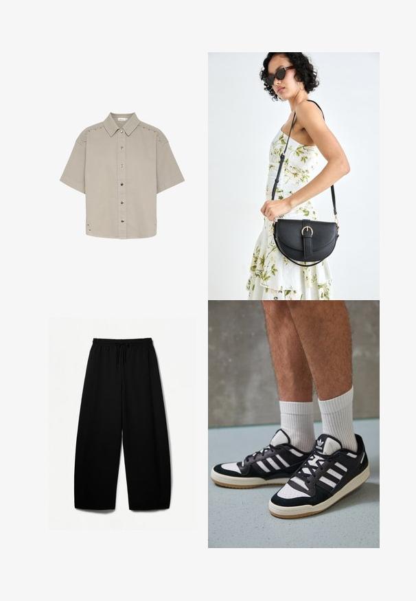 Chemise à manches courtes, gris clair, en tissu texturé, avec des boutons-pression et des accents en clous le long des épaules et des côtés.; Pantalons larges noirs avec une taille élastique et un cordon de serrage. Tissu doux avec une texture lisse. Coupe droite avec des coutures latérales.; Baskets noir et blanc avec une tige en suède et cuir, comportant trois rayures blanches, un bout perforé et une semelle en caoutchouc gum.; Sac à main en cuir noir avec une forme courbée, bandoulière amovible et des accessoires en or. Le sac est doté d'un rabat avec un détail de boucle.