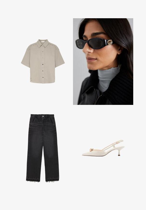 Kurzarm, hellgraues Hemd aus strukturiertem Stoff mit Druckknöpfen und Nietenakzenten an den Schultern und Seiten.; Schwarze Denim-Hosen mit geradem Bein. Sie verfügen über eine hohe Taille, einen fransigen Saum und eine subtile, ausgebleichte Textur. Mit Eingrifftaschen vorne.; Cremfarbene Slingback-Schuhe mit spitzem Zeh, dünnen Riemen und einem goldenen Akzent auf dem Spangenbereich. Sie haben einen niedrigen, schmalen Absatz.; Schwarze Sonnenbrille mit einem schlanken rechteckigen Rahmen und einem goldenen Logo-Akzent an der Seite. Dunkle Gläser und glänzende Oberfläche sind auffällig.; Weiße Lederhandtasche mit einem goldfarbenen Verschluss, schwarzen Akzenten, einem abnehmbaren Schulterriemen und einem strukturierten Design mit Klappenverschluss.