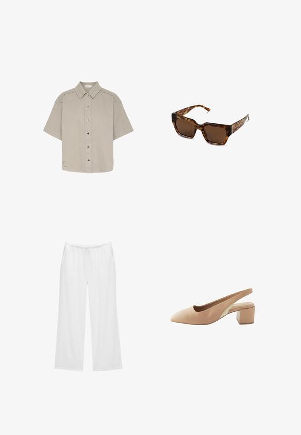 Korte mouw, lichtgrijze overhemd met knopen in een gestructureerde stof, met drukknoopsluitingen en studs langs de schouders en zijkanten.; Witte wijde broekspunten gemaakt van zachte stof, met een elastische tailleband en een koord, en twee zijzakken. Eenvoudig en strak ontwerp.; Nude leren slingback schoen met een spitse neus, lage blokhak en een contrasterend beige zijpaneel. Gladde textuur, minimalistisch ontwerp.; Schilpaddenbril met een stevige rechthoekige montuur, bruine lenzen en slanke pootjes met een subtiele merkdetail.; Bruine leren schoudertas met een gebogen vorm, gouden hardware en een gespaccent. Bevat een afneembare schouderriem.