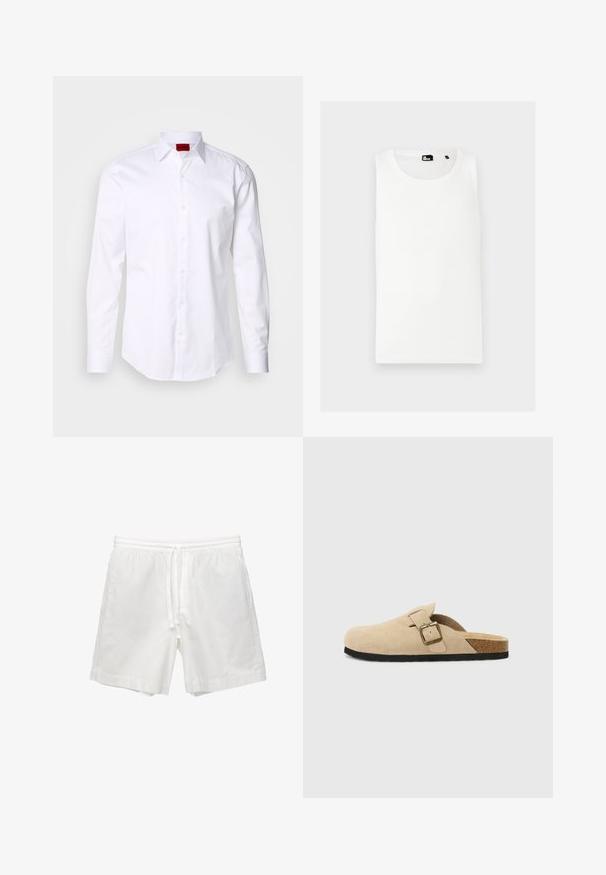 Witte lange mouwen shirt met vissengraatstructuur, button-down kraag en rood logo label op de binnenkraag. Standaard pasvorm met knopen aan de voorkant.; Witte tanktop van ribstof, met een ronde hals en zonder mouwen, voorzien van een klein merkembleem op de voorkant.; Witte katoenen shorts met een elastische tailleband met trekkoord, zijzakken en een rechte snit met afgewerkte zomen.; Beige suède instapklompen met een kurken voetbed, een ronde teen en een eenvoudige band met een goudkleurige gesp. Rubberen zool voor grip.